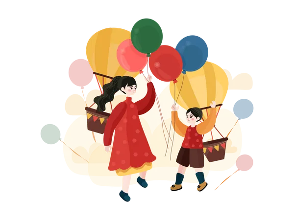 Mother and daughter with balloon  Illustration