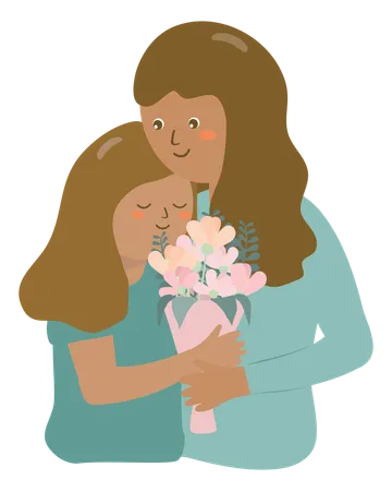 Mother and daughter with flower bouquet  Illustration