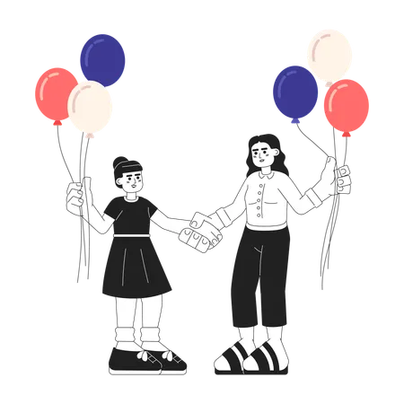 Mother And Daughter With Patriotic Balloons Monochrome Vector Spot Illustration Arab Family 2 D Flat Bw Cartoon Characters For Web UI Design 4th Independence Day Isolated Editable Hero Image Illustration