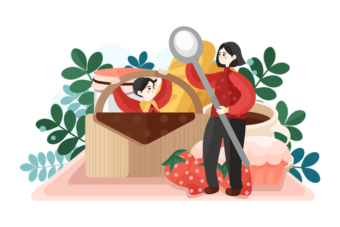 Mother and daughter with strawberry Illustration
