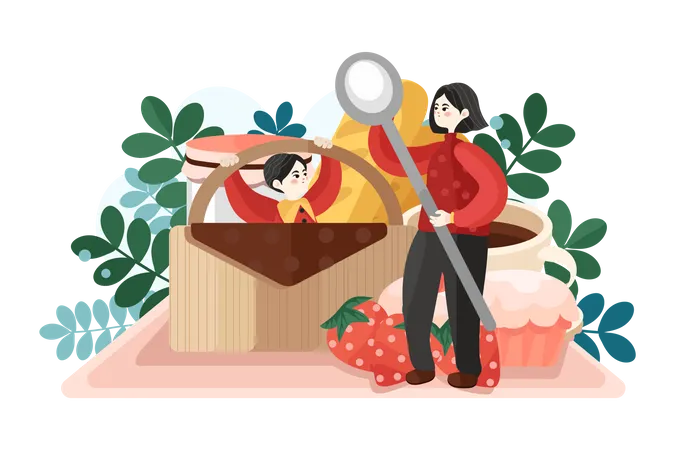 Mother and daughter with strawberry Illustration