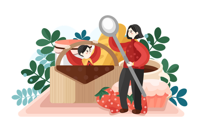 Mother and daughter with strawberry  Illustration