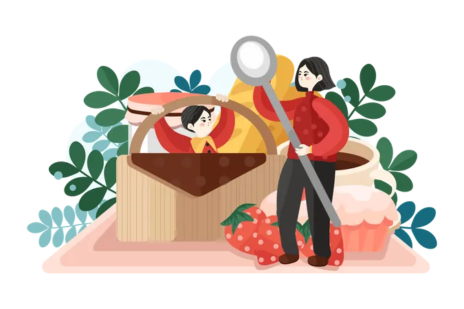 Mother and daughter with strawberry  Illustration