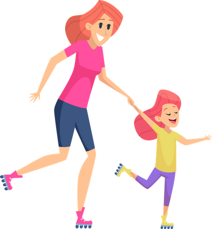 Mother and daughters enjoying skating  Illustration