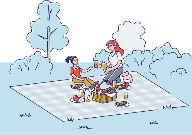 Mother and Daughters on picnic in park Illustration