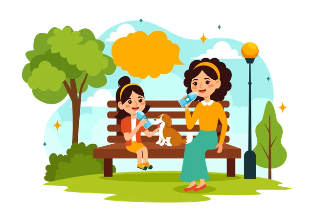 Mother and Ddaughter Drinking Water  Illustration