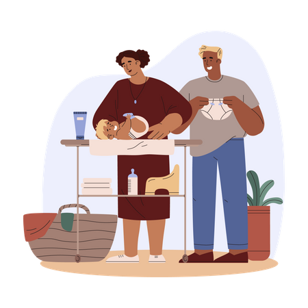Mother and father changing diaper to baby  Illustration