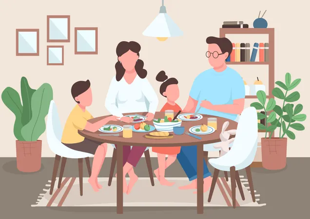 Family Meal Flat Color Vector Illustration Mother And Father Eating Food With Kids Children Having Dinner With Parents Relatives 2 D Cartoon Characters With Interior On Background Illustration