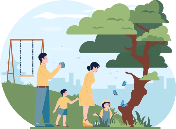 Mother and father took their child in park for fun  Illustration