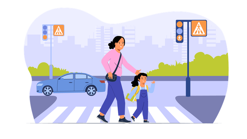 Mother and girl crossing road at zebra crossing  Illustration