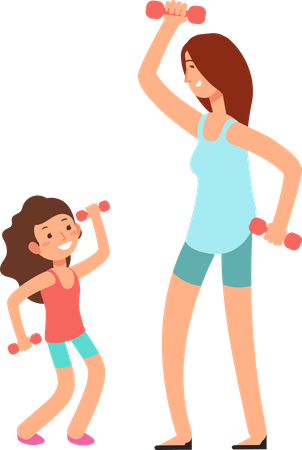 Mother and girl doing fitness workout together  Illustration