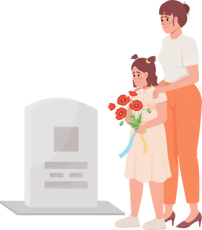 Mother and girl on grave Illustration