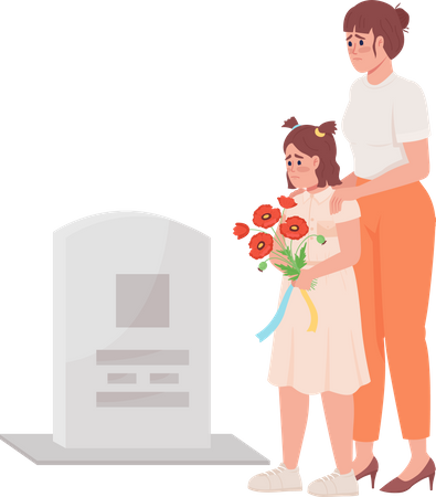 Mother and girl on grave  Illustration