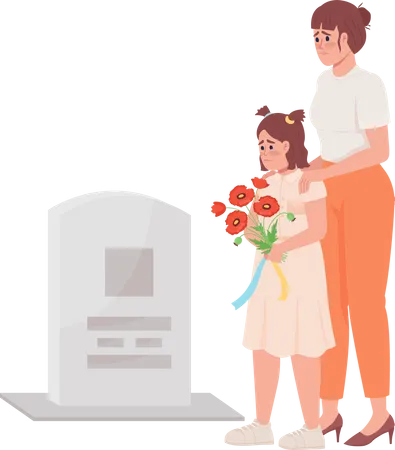 Mother and girl on grave  Illustration