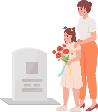 Mother and girl on grave  Illustration