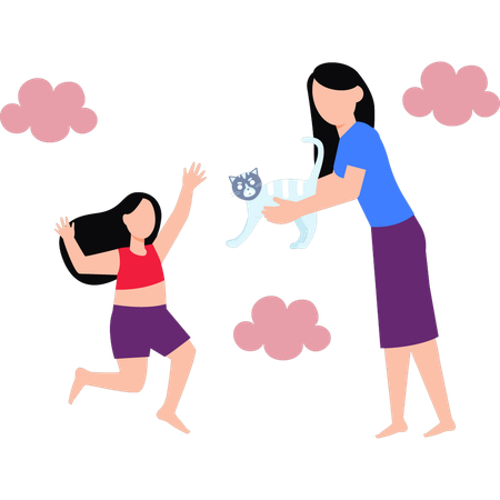 Mother And Girl Playing With Cat  Illustration