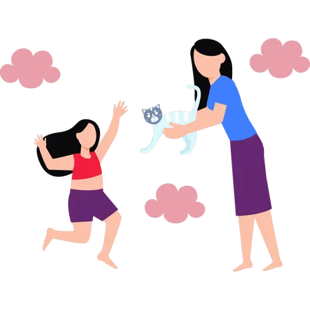 The Girls Are Playing With A Cat Illustration