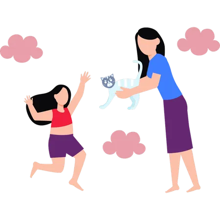 Mother And Girl Playing With Cat  Illustration