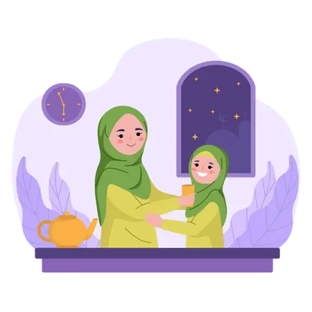 Mother and girl taking iftar on ramadan Illustration