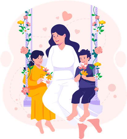 Mother and her children embrace sitting on a swing  Illustration
