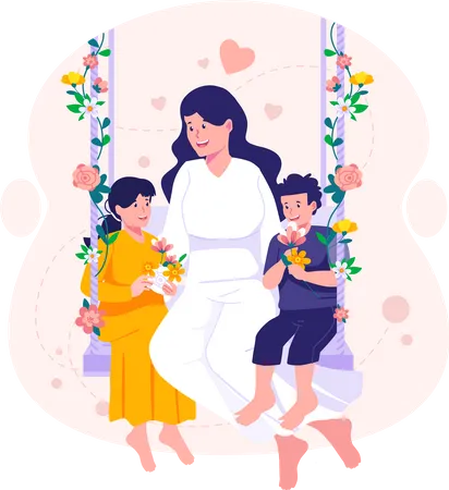 Mother and her children embrace sitting on a swing  Illustration