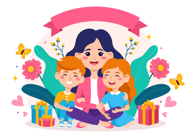 Mother and her children with Flower and Gift  Illustration
