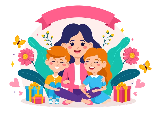 Mother and her children with Flower and Gift  Illustration