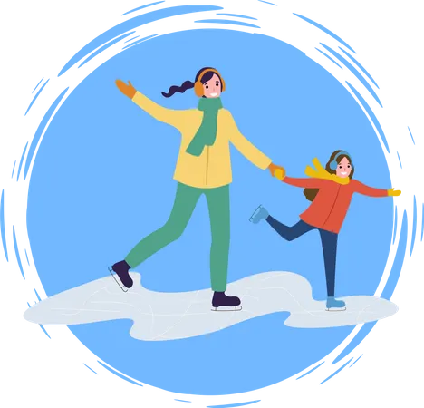 Mother and her daughter enjoying skiing Illustration