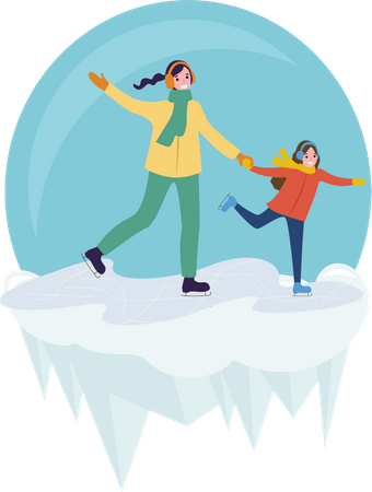 Mother and her daughter enjoying skiing Illustration
