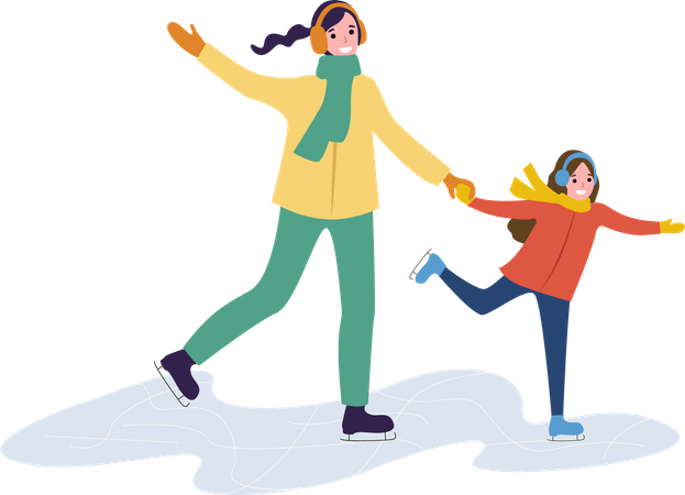 Mother and her daughter enjoying skiing  Illustration