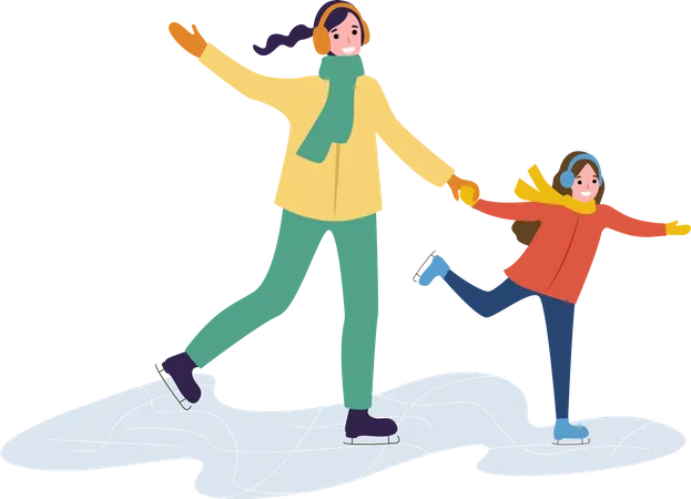 Mother and her daughter enjoying skiing  Illustration