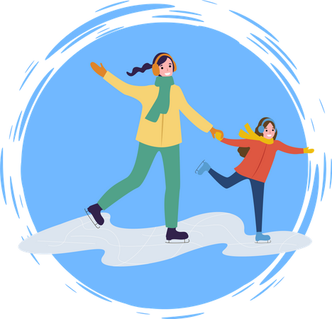 Mother and her daughter enjoying skiing  Illustration