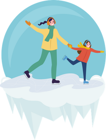 Mother and her daughter enjoying skiing  Illustration