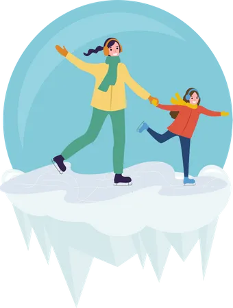 Mother and her daughter enjoying skiing  Illustration