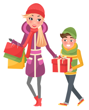 Mother and her son doing christmas shopping Illustration