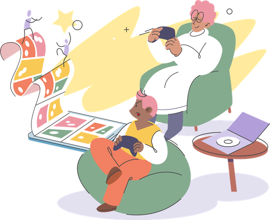 Mother and her son sitting on couch playing video games competition  Illustration