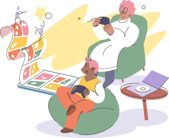 Mother and her son sitting on couch playing video games competition  Illustration