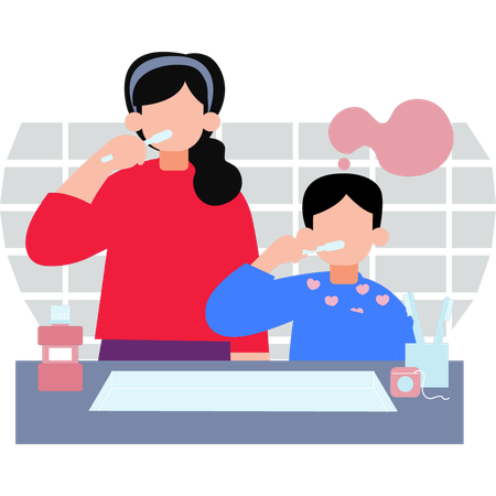 Mother And Kid Brushing Their Teeth  Illustration
