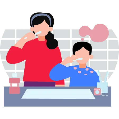 Mother And Kid Brushing Their Teeth  Illustration