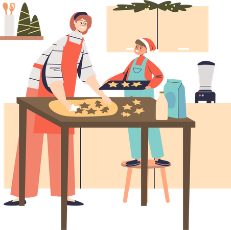 Mother and kid cooking ginger cookie preparing for xmas  Illustration