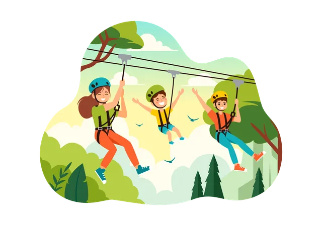 Mother and Kid Enjoying Zip Line  Illustration