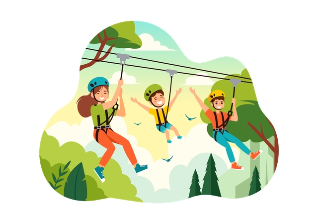 Mother and Kid Enjoying Zip Line  Illustration