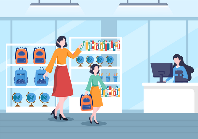 Mother and kid in Stationery Shop  Illustration