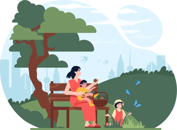 Mother and kid playing in park  Illustration