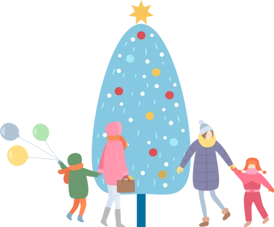 Mother and Kid Walking by Christmas Tree  Illustration