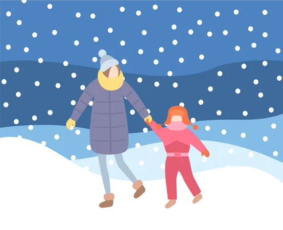 Mother and Kid Walking in Evening Blizzard Wintertime  Illustration