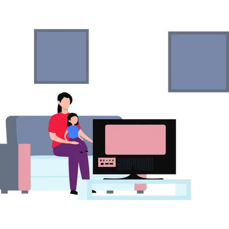 Mother And Kid Watching Tv  Illustration