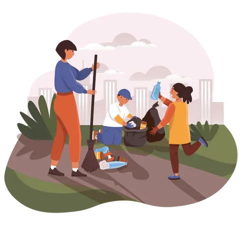 Mother and kids Collecting Garbage Illustration