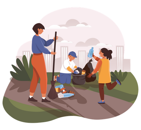 Mother and kids Collecting Garbage  Illustration