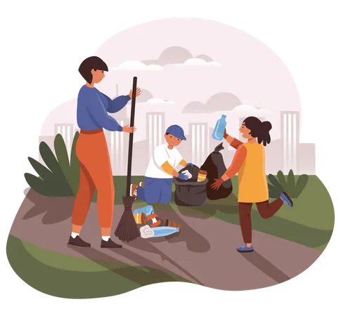 Mother and kids Collecting Garbage  Illustration